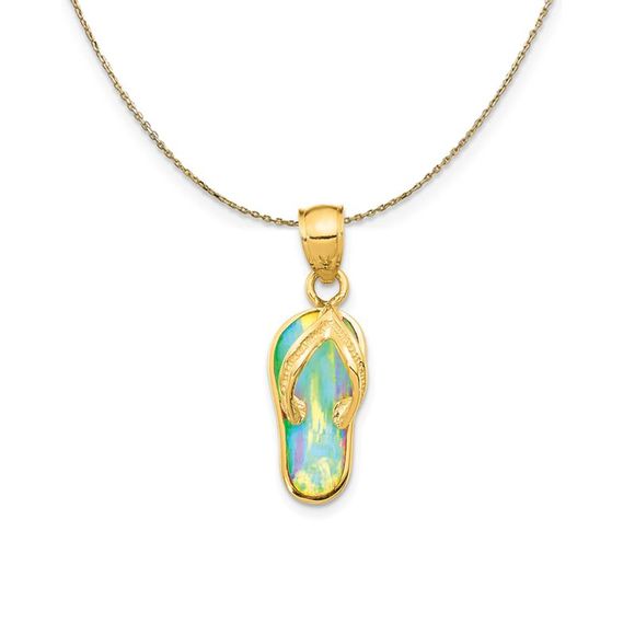 14k Yellow Gold Created White Opal Flip Flop (25mm) Necklace - 18 Inch